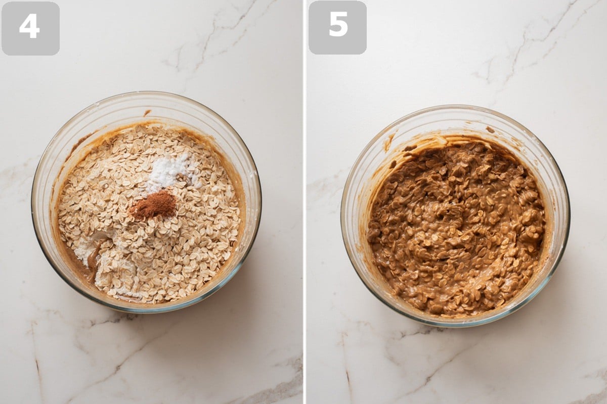 Mix in the dry ingredients to form a thick dough, then let it rest before scooping.