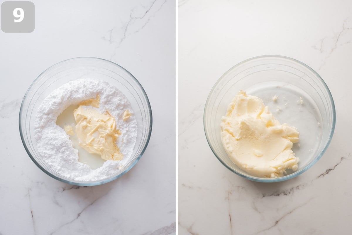 Beat butter, then add powdered sugar and milk and whip until light and fluffy.