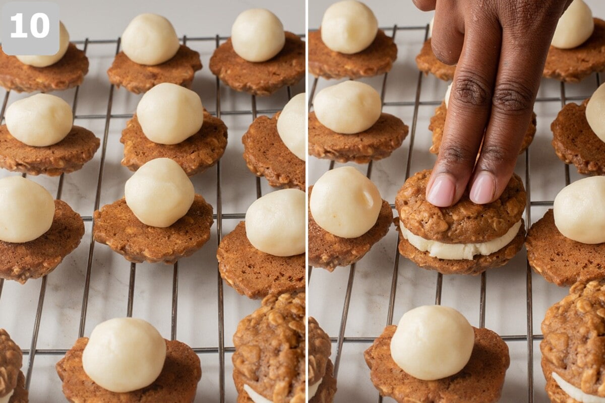 Roll filling into balls, sandwich between cookies, and gently press to spread.