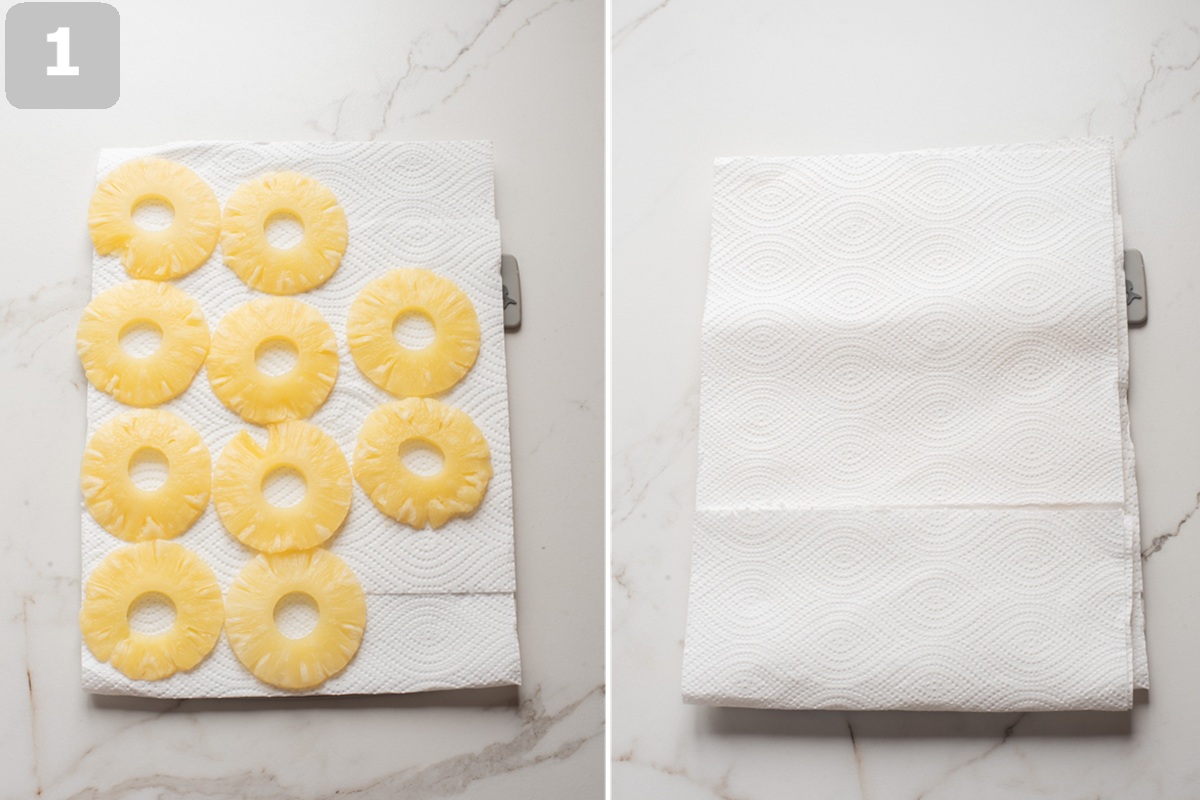 Lay the pineapple rings on paper towels and press gently to remove excess moisture.