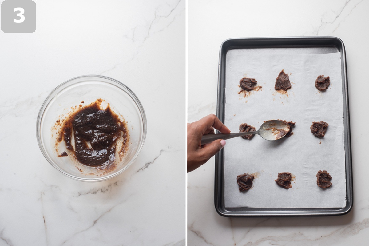 Mix melted butter and brown sugar. Spoon small circles onto the baking sheet.