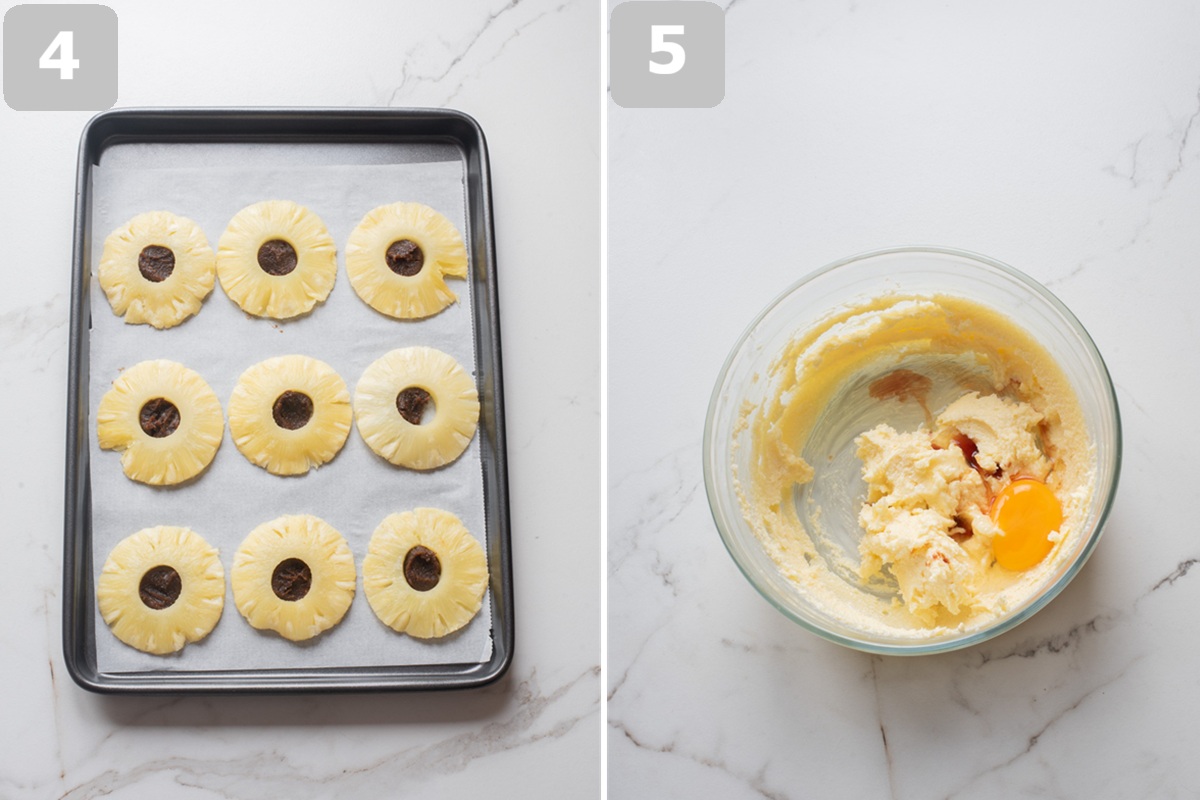 Arrange pineapple rings and cherries in the pan, then beat butter, sugar, egg, and vanilla until creamy.