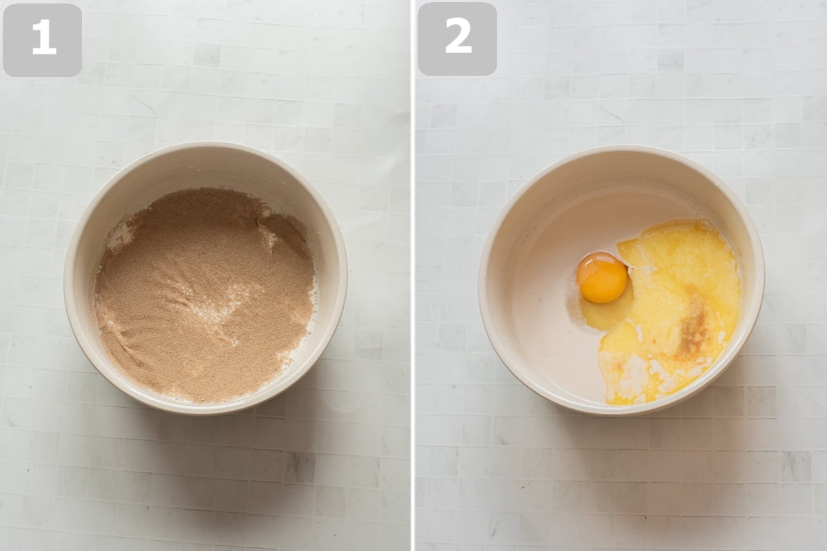 Combine warm milk and yeast until foamy, then mix in sugar, butter, egg, and vanilla.