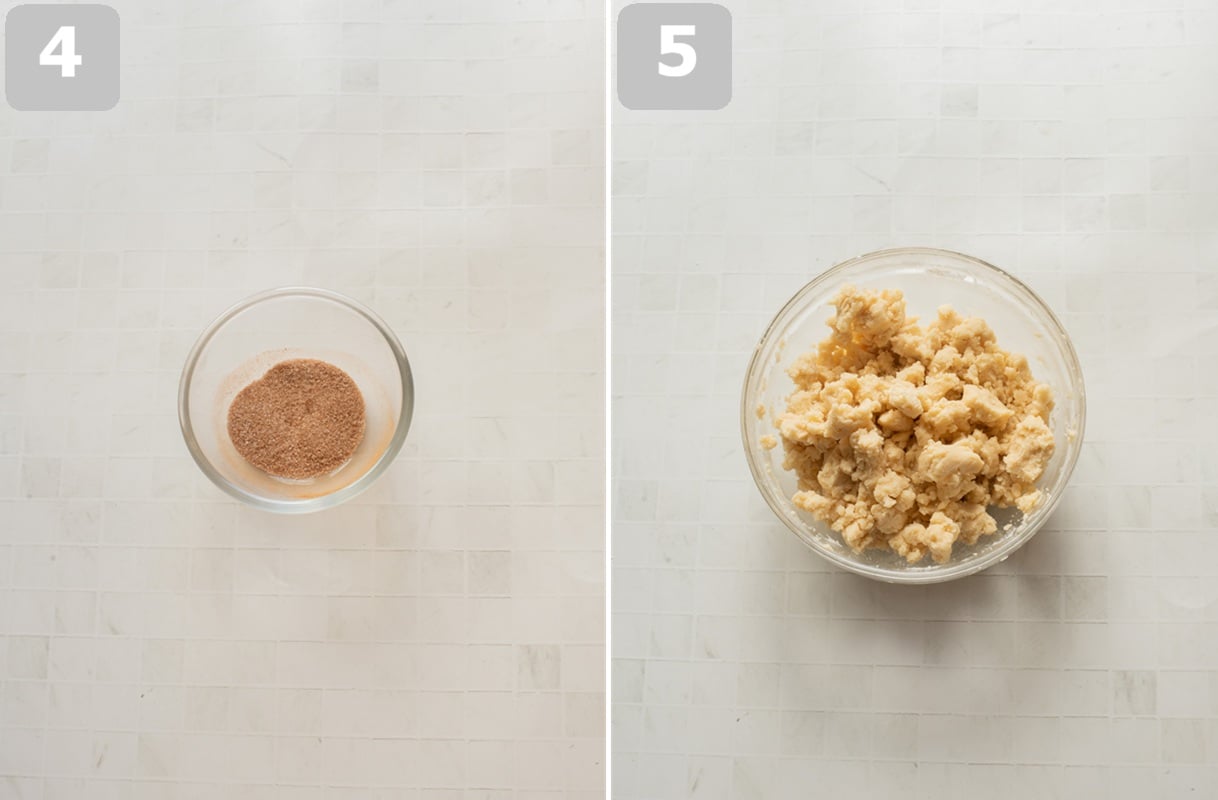 Mix cinnamon sugar in one bowl and combine streusel ingredients until crumbly in another.