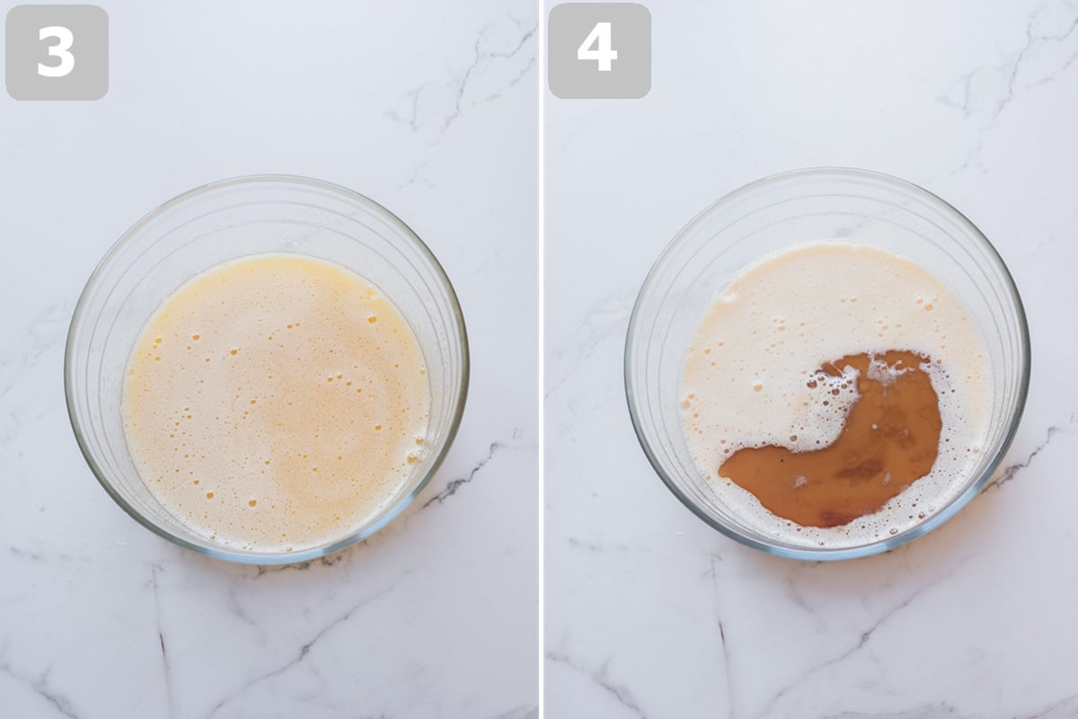 Whisk eggs and sugar until pale, then mix in vanilla, milk, and browned butter.