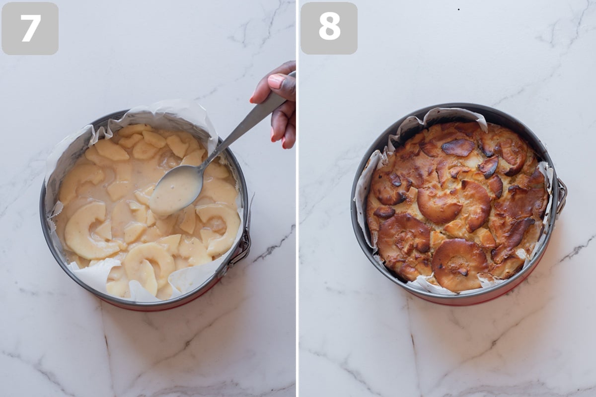 Layer the apples and batter in the pan, then bake until golden and fully set.