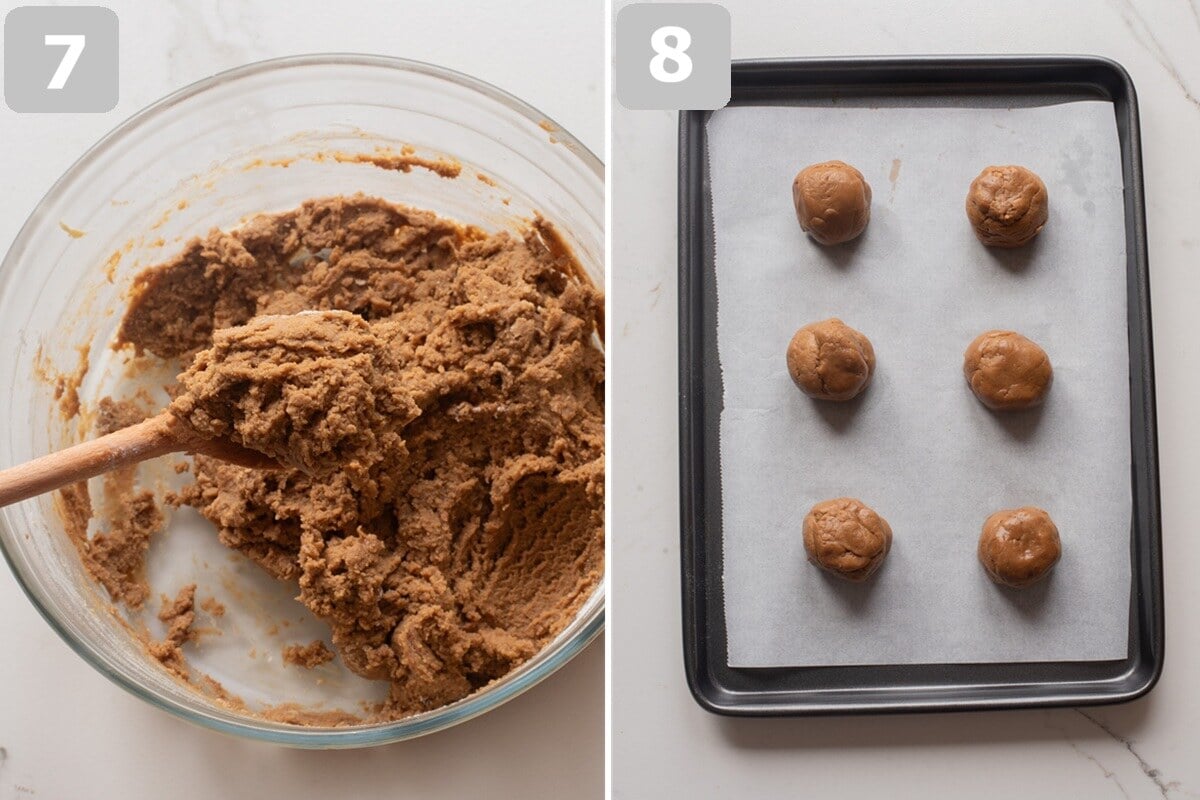 Mix in the dry ingredients until a soft dough forms, then divide into balls and place on the baking tray.