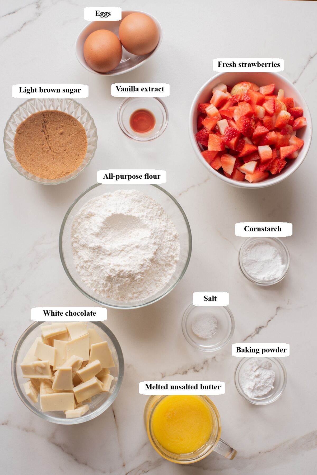 strawberry white chocolate blondies - ingredients list