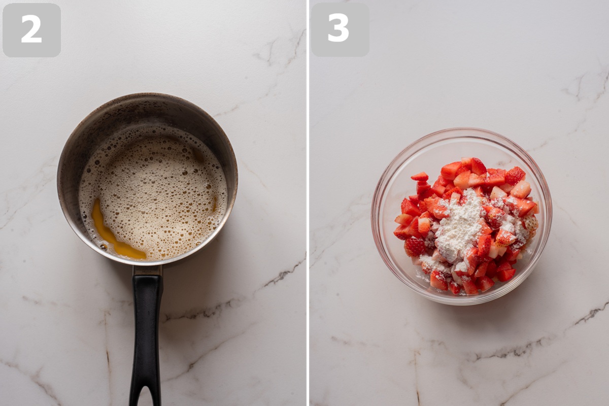 Brown the butter and let it cool, then toss the strawberries with a little flour to prevent sinking and excess moisture.