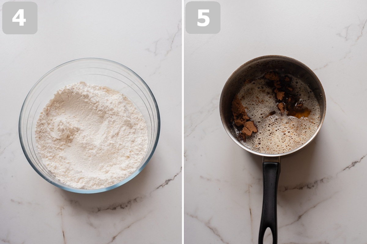Whisk dry ingredients in one bowl, then mix warm brown butter with brown sugar in another.