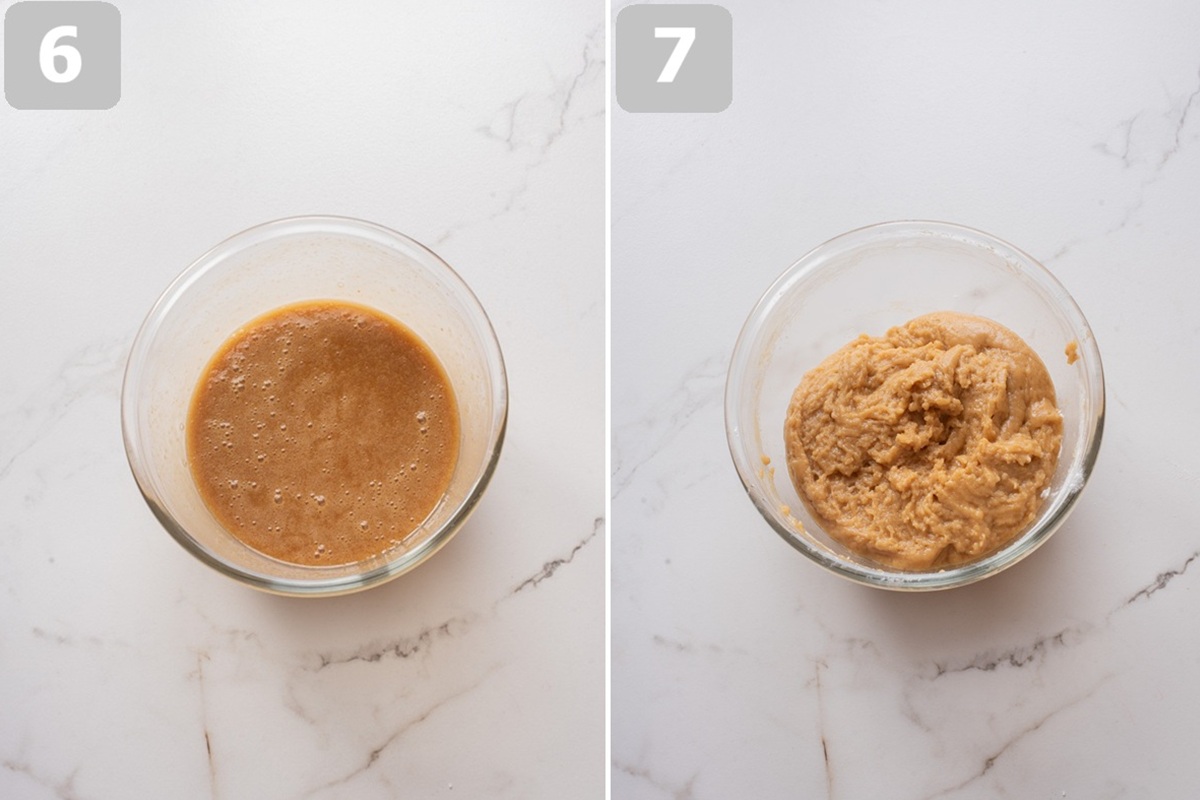 Add the eggs one at a time, stir in vanilla, then fold in the dry ingredients until just combined.
