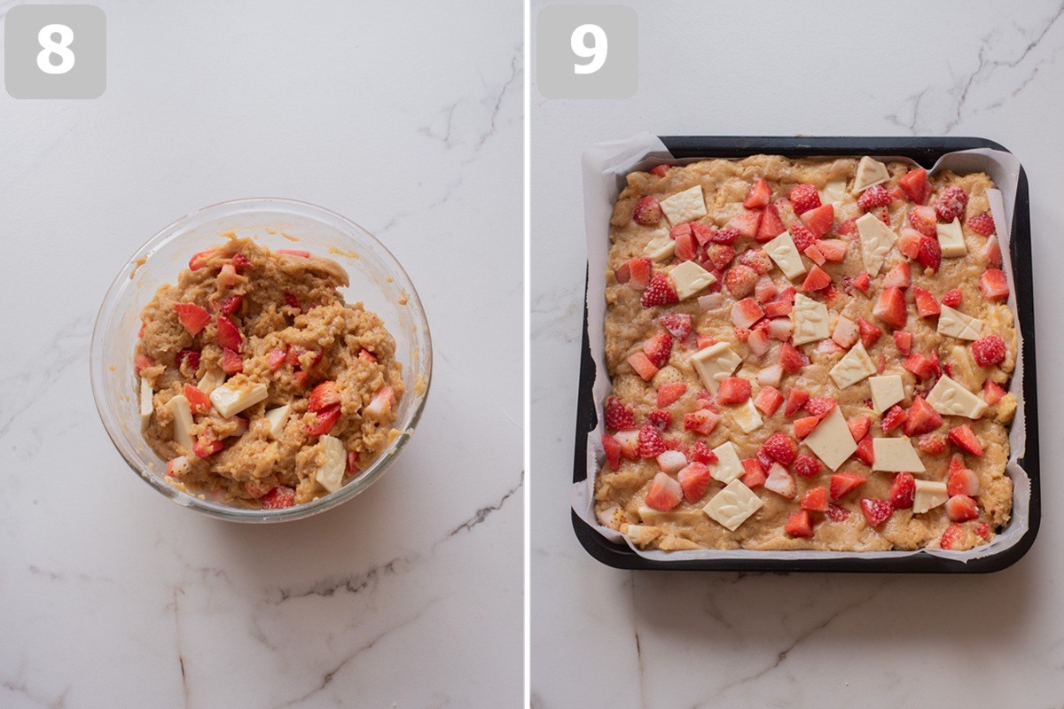 Fold in strawberries and most of the white chocolate, then spread the batter into the pan and top with the rest.