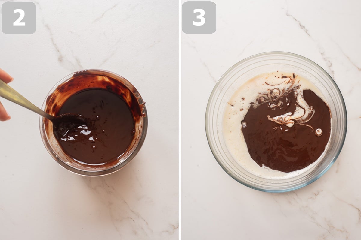 Preheat the oven, line the pan, and melt the butter with the chocolate until smooth.