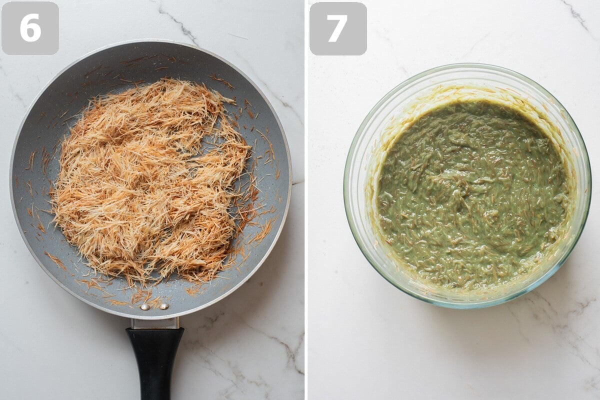 Toast the kataifi in butter until crisp, let it cool, then mix with the pistachio cream and salt.