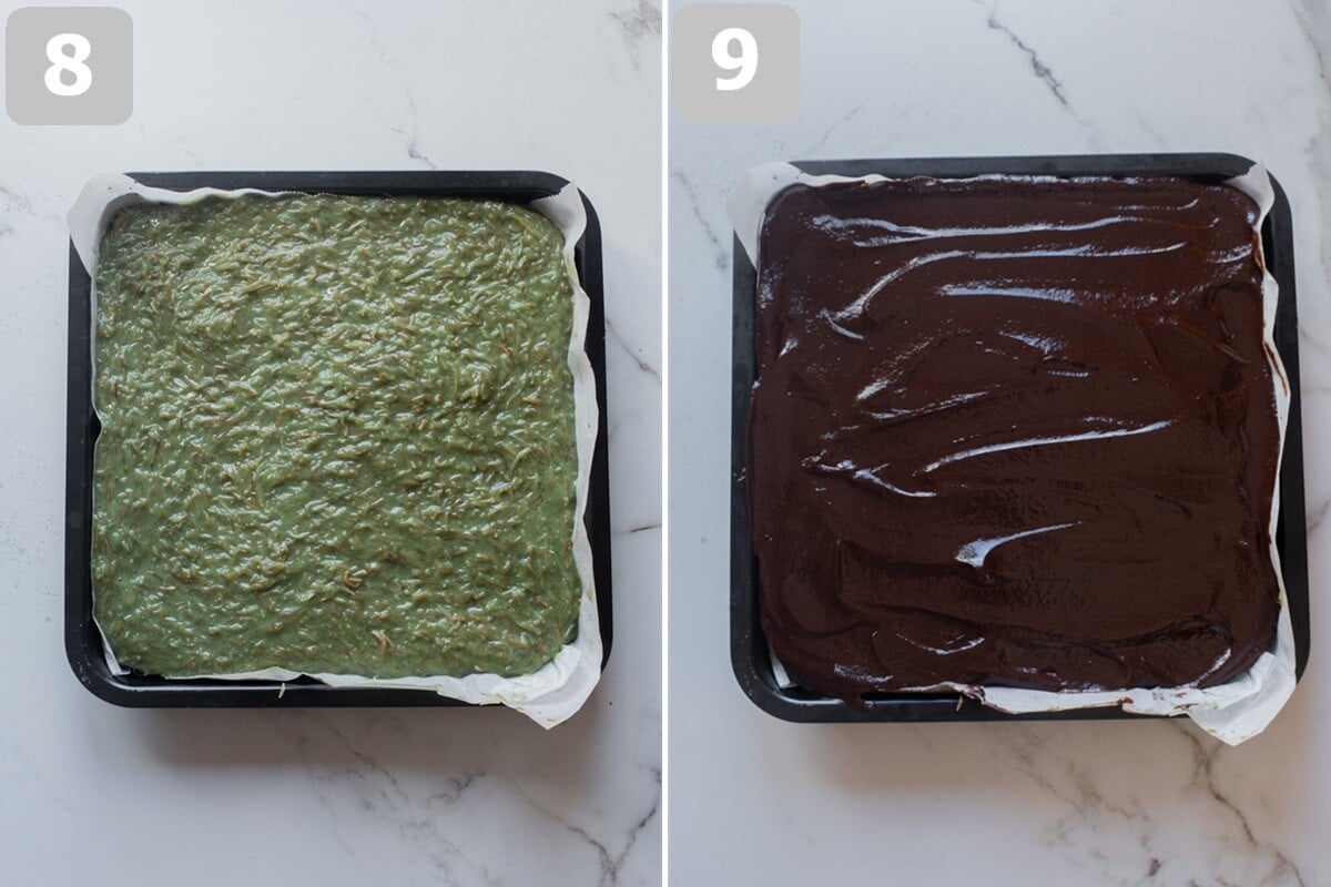 Spread the pistachio layer over the brownies and chill briefly, then make the ganache by pouring hot cream over the chocolate and stirring until smooth.