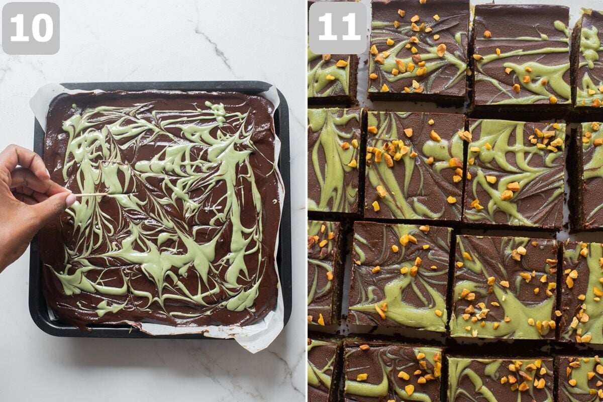 Spread the ganache over the pistachio layer, garnish, then chill until set before slicing.