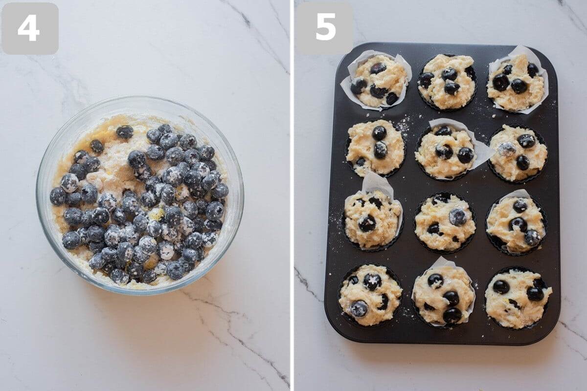 Coat the blueberries with flour, fold them and lemon zest into the batter, then divide among muffin cups and top with sugar.