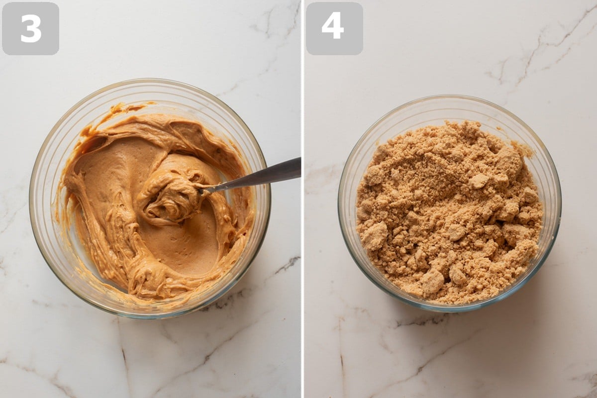 Mix the peanut butter mixture, then stir in the sifted soy flour, milk powder, and oats until a cohesive dough forms.