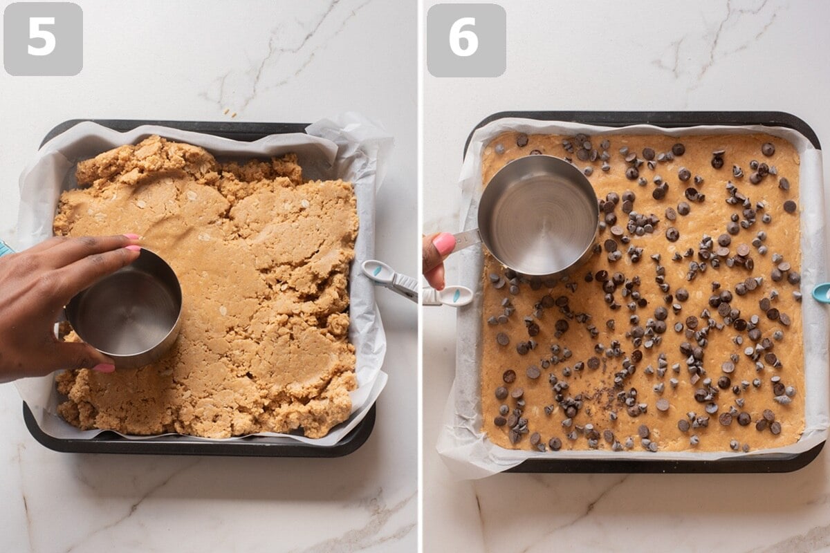 Press the mixture firmly into the pan, then top with chocolate chips and optional toppings.