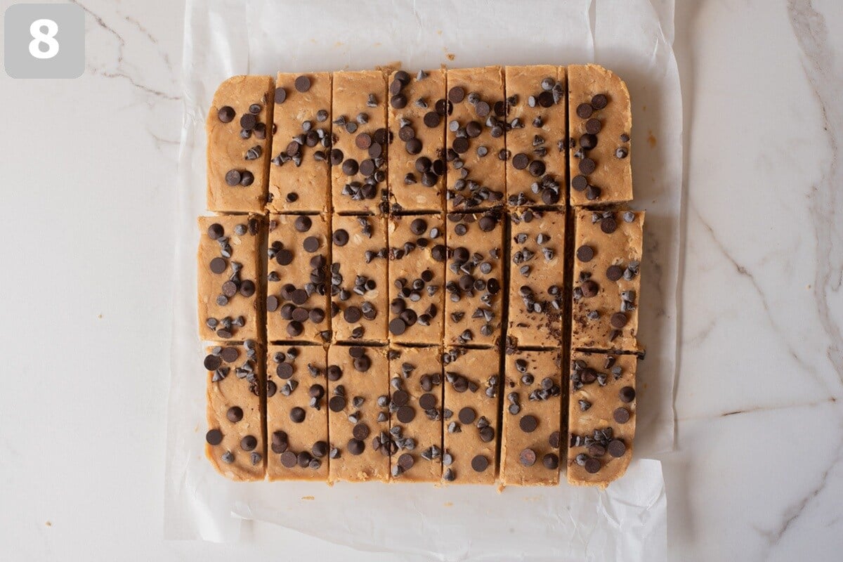 Lift the chilled mixture from the pan and cut into 6 large bars. Keep refrigerated until ready to eat.
