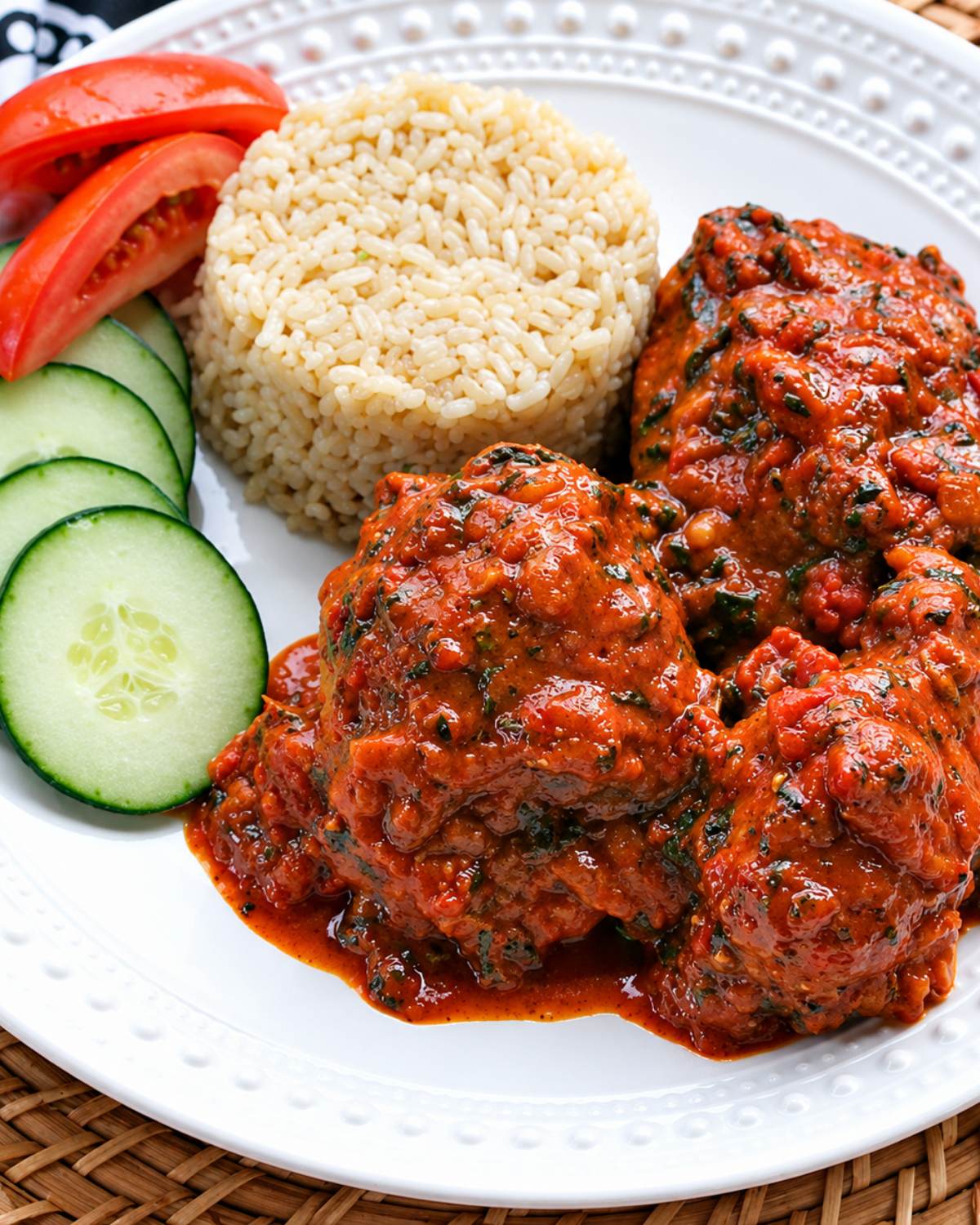 African Chicken Peanut Stew served on a white plate with a scoop of brown rice, sliced cucumbers, and tomatoes
