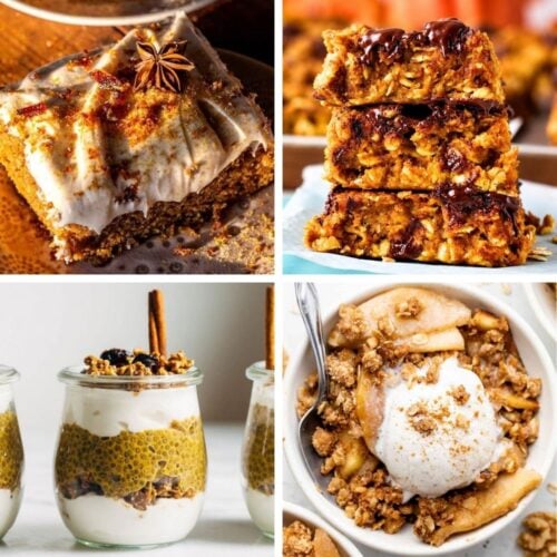 A collage of four healthy fall desserts: a slice of spiced frosted cake topped with a star anise, a stack of chocolate-drizzled oat bars, layered chia pudding cups topped with granola and cinnamon sticks, and a bowl of apple crisp topped with a scoop of vanilla ice cream and a dusting of cinnamon.