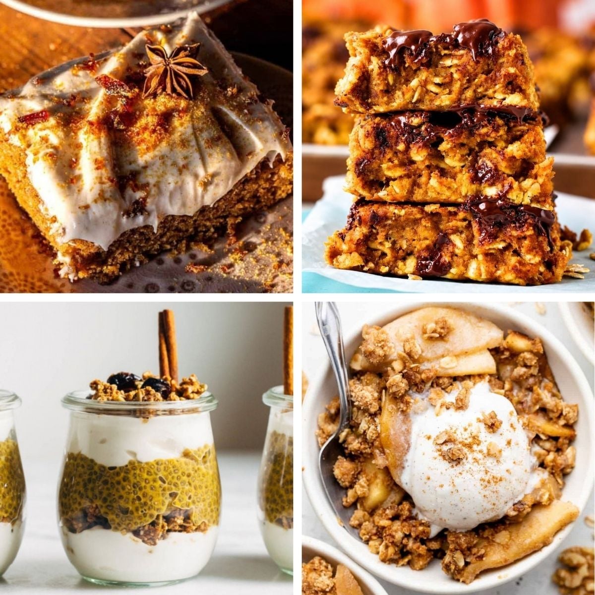 A collage of four healthy fall desserts: a slice of spiced frosted cake topped with a star anise, a stack of chocolate-drizzled oat bars, layered chia pudding cups topped with granola and cinnamon sticks, and a bowl of apple crisp topped with a scoop of vanilla ice cream and a dusting of cinnamon.