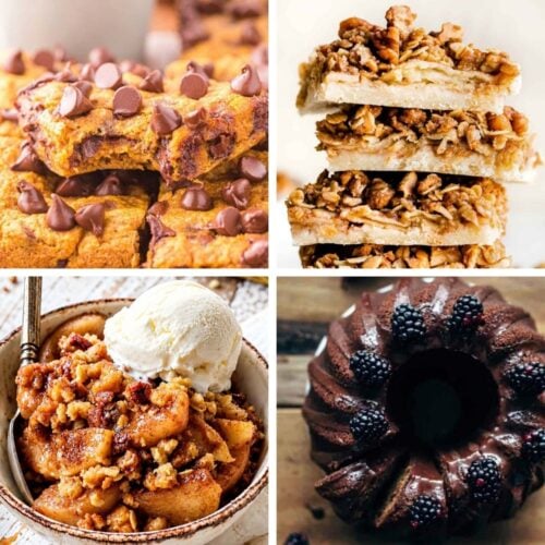 A collage featuring a collection of easy fall desserts, including pumpkin chocolate chip bars, stacked apple pie bars, a bowl of pear crisp with ice cream, and a chocolate glazed bundt cake garnished with blackberries