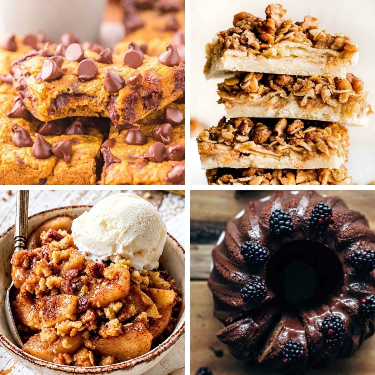 A collage featuring a collection of easy fall desserts, including pumpkin chocolate chip bars, stacked apple pie bars, a bowl of pear crisp with ice cream, and a chocolate glazed bundt cake garnished with blackberries