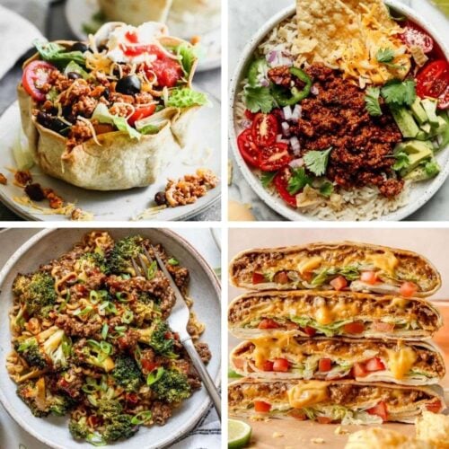 Easy ground beef recipes for dinner collection showing four quick meals with burgers, pasta, and bowls