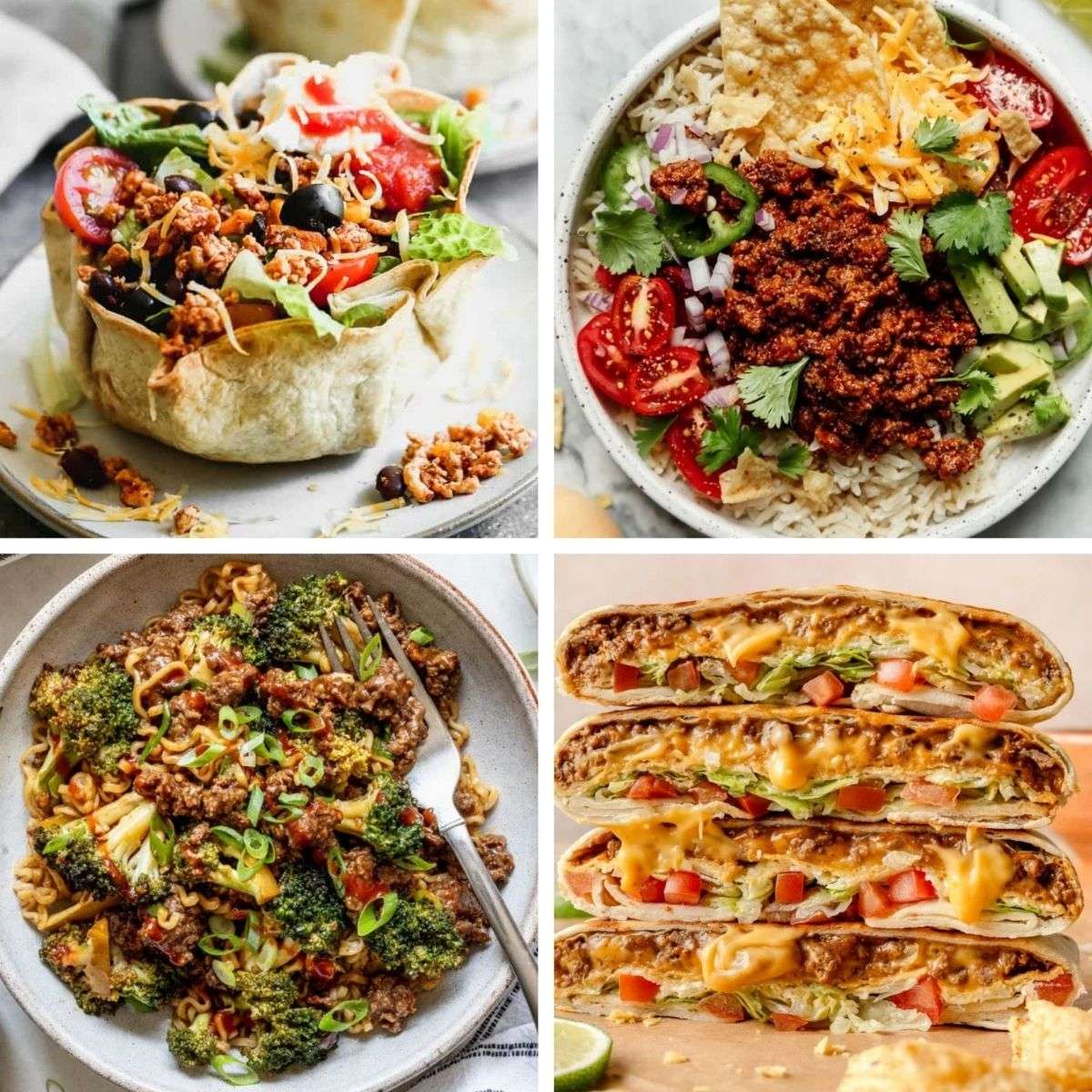 Easy ground beef recipes for dinner collection showing four quick meals with burgers, pasta, and bowls