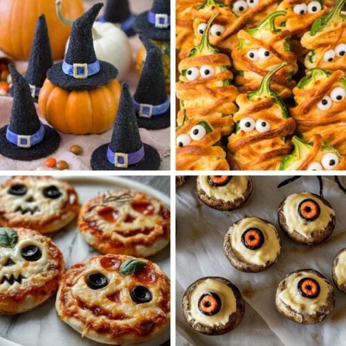 A collage of creative Halloween snacks for a party, featuring witch hat cookies, mummy jalapeno poppers, spooky mini pizzas, and stuffed mushroom eyeballs.