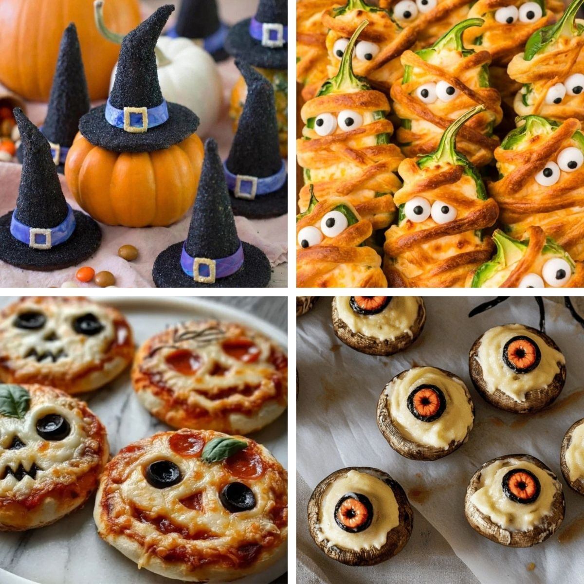 A collage of creative Halloween snacks for a party, featuring witch hat cookies, mummy jalapeno poppers, spooky mini pizzas, and stuffed mushroom eyeballs.
