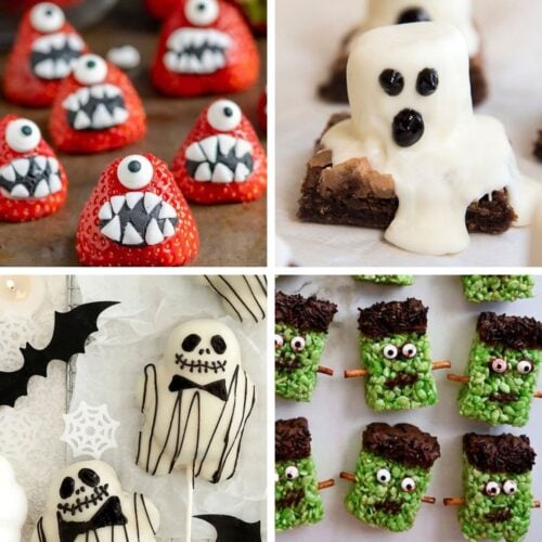 A collage of fun Halloween treats for kids school, featuring strawberry monsters, ghost brownies, skeleton cake pops, and Frankenstein Rice Krispie treats.