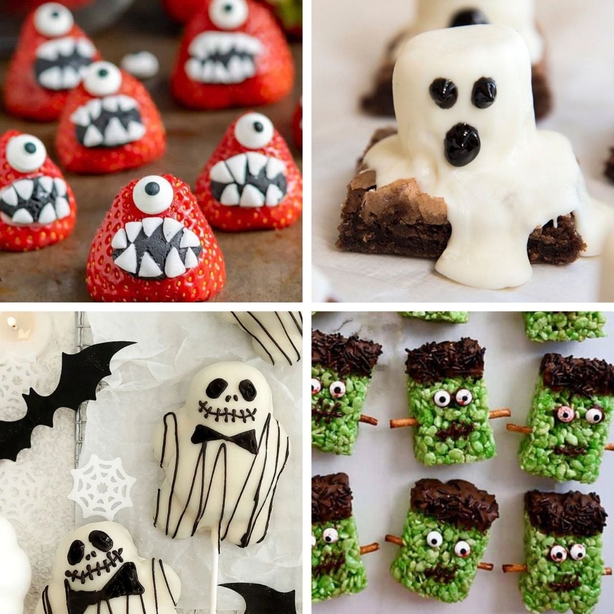 A collage of fun Halloween treats for kids school, featuring strawberry monsters, ghost brownies, skeleton cake pops, and Frankenstein Rice Krispie treats.