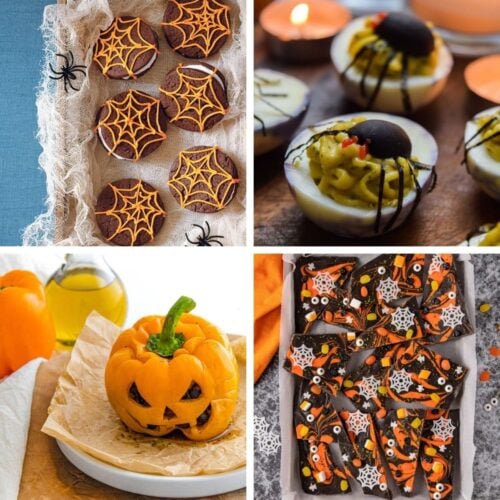A collage of Halloween party food ideas featuring spiderweb cookies, spider deviled eggs, a jack-o-lantern stuffed pepper, and Halloween chocolate bark