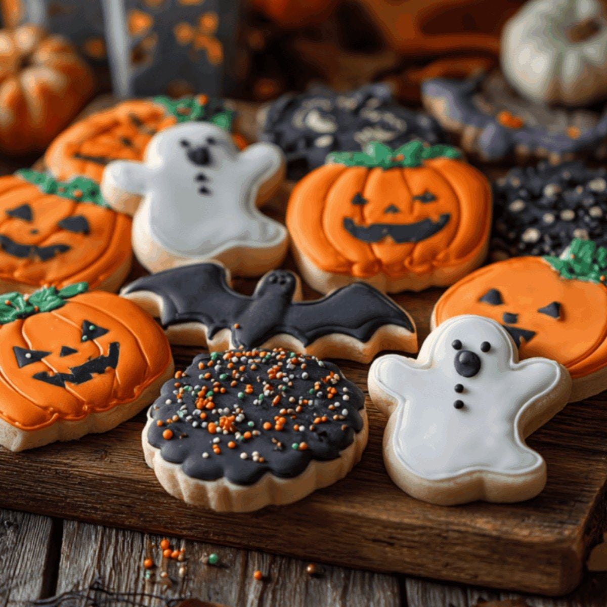 An assortment of decorated Halloween sugar cookies arranged on a rustic wooden board, featuring iced jack-o'-lanterns, friendly white ghosts, a black bat, and a round cookie covered in dark icing and festive sprinkles.