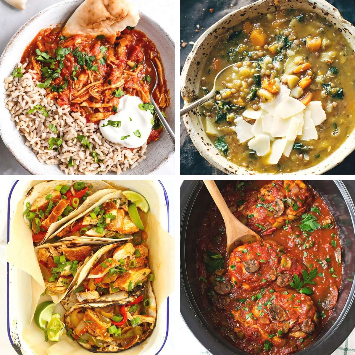 collage of healthy crockpot recipes including chicken tikka masala, lentil soup, chicken fajitas, and chicken cacciatore.
