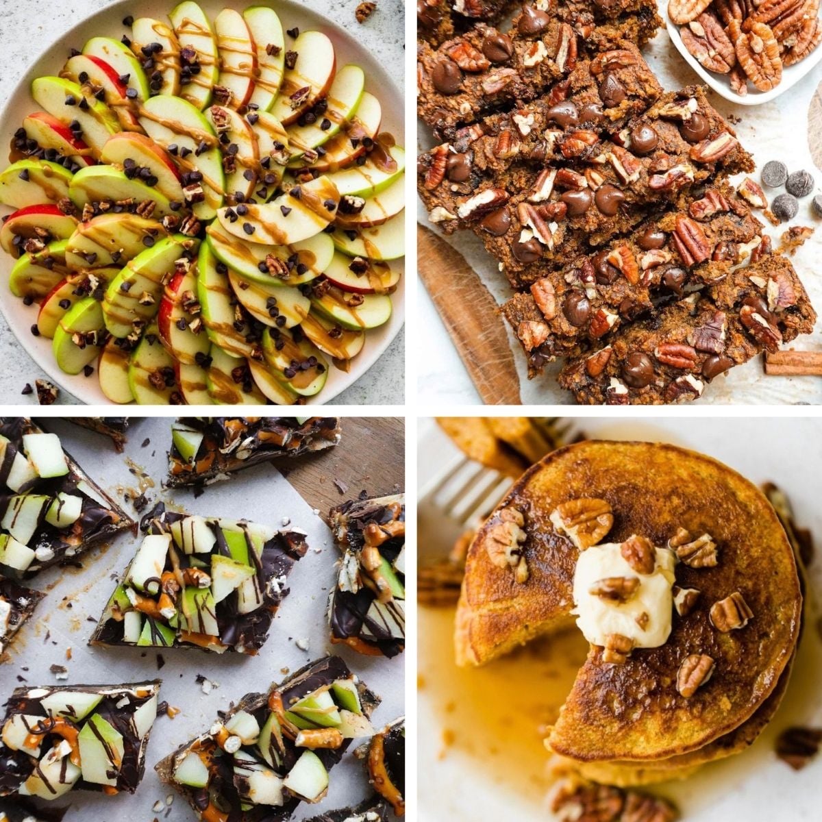 Collage of healthy fall desserts featuring apple nachos, sliced banana bread with pecans, chocolate apple bark pieces, and pumpkin pancakes