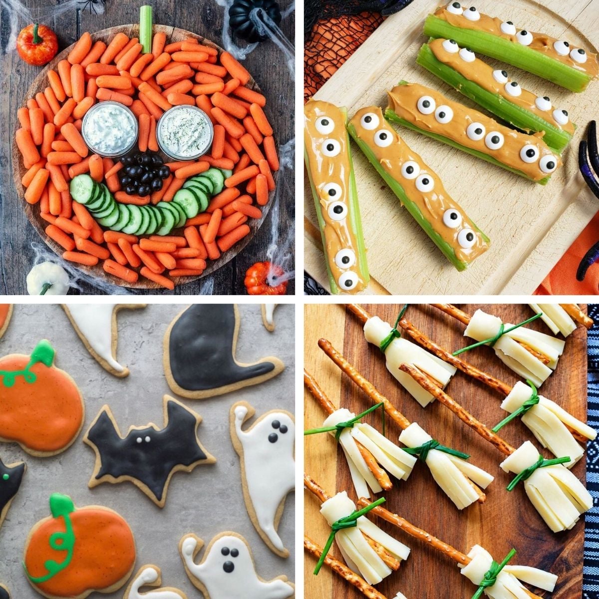 A four-panel collage of healthy Halloween treats featuring a carrot pumpkin veggie tray, celery stick monster logs with candy eyes, decorated Halloween sugar cookies, and cheese and pretzel witch brooms.