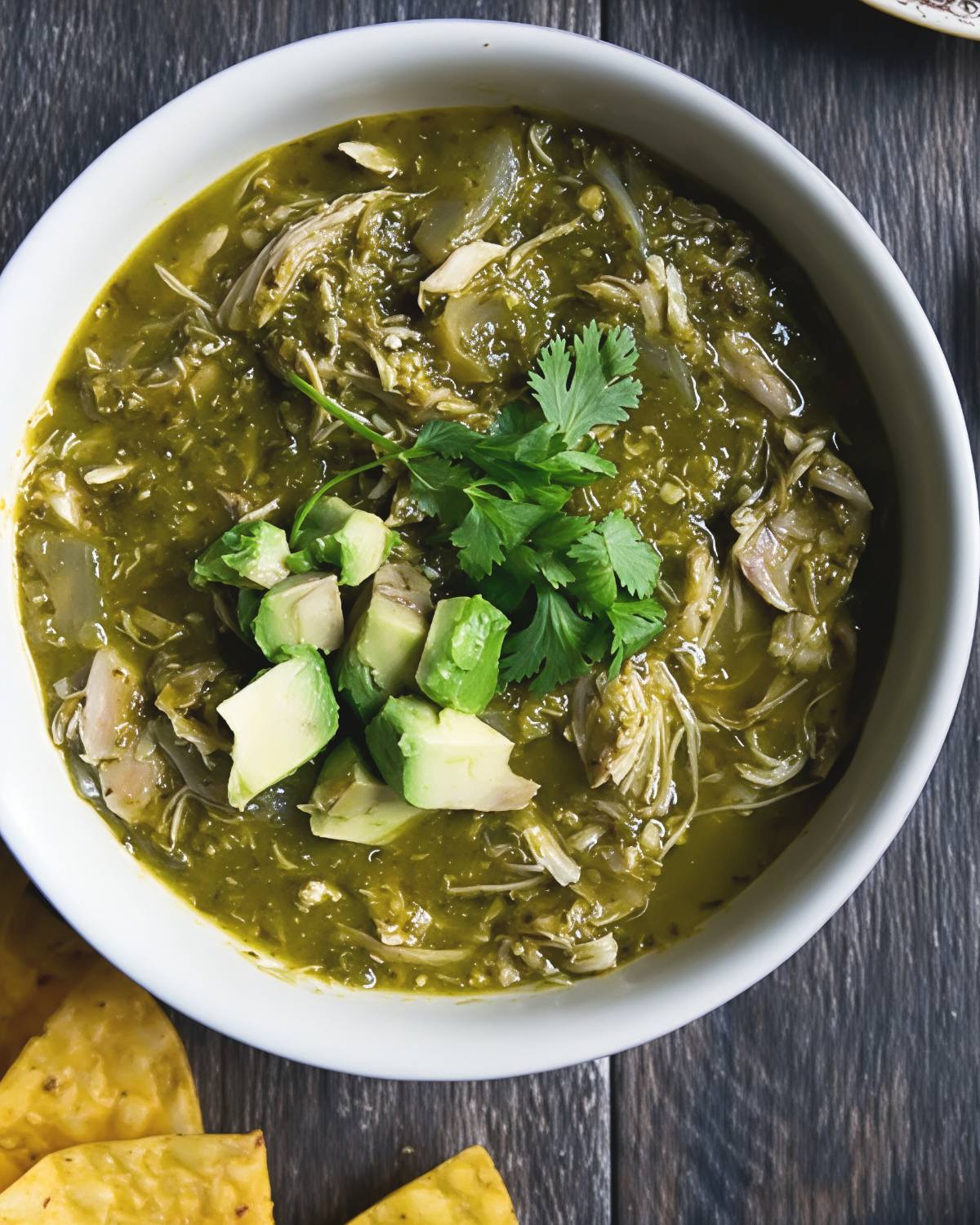 Healthy crockpot chile verde with shredded chicken, diced avocado, and fresh cilantro in a white bowl