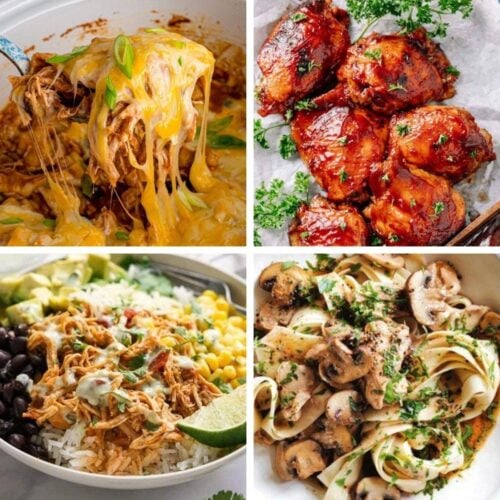Collage of high protein crockpot meals including cheesy chicken casserole, glazed BBQ chicken thighs, shredded chicken burrito bowl, and creamy mushroom pasta.