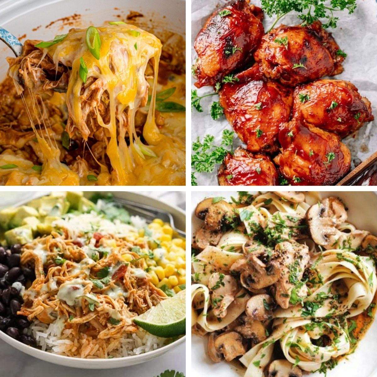 Collage of high protein crockpot meals including cheesy chicken casserole, glazed BBQ chicken thighs, shredded chicken burrito bowl, and creamy mushroom pasta.