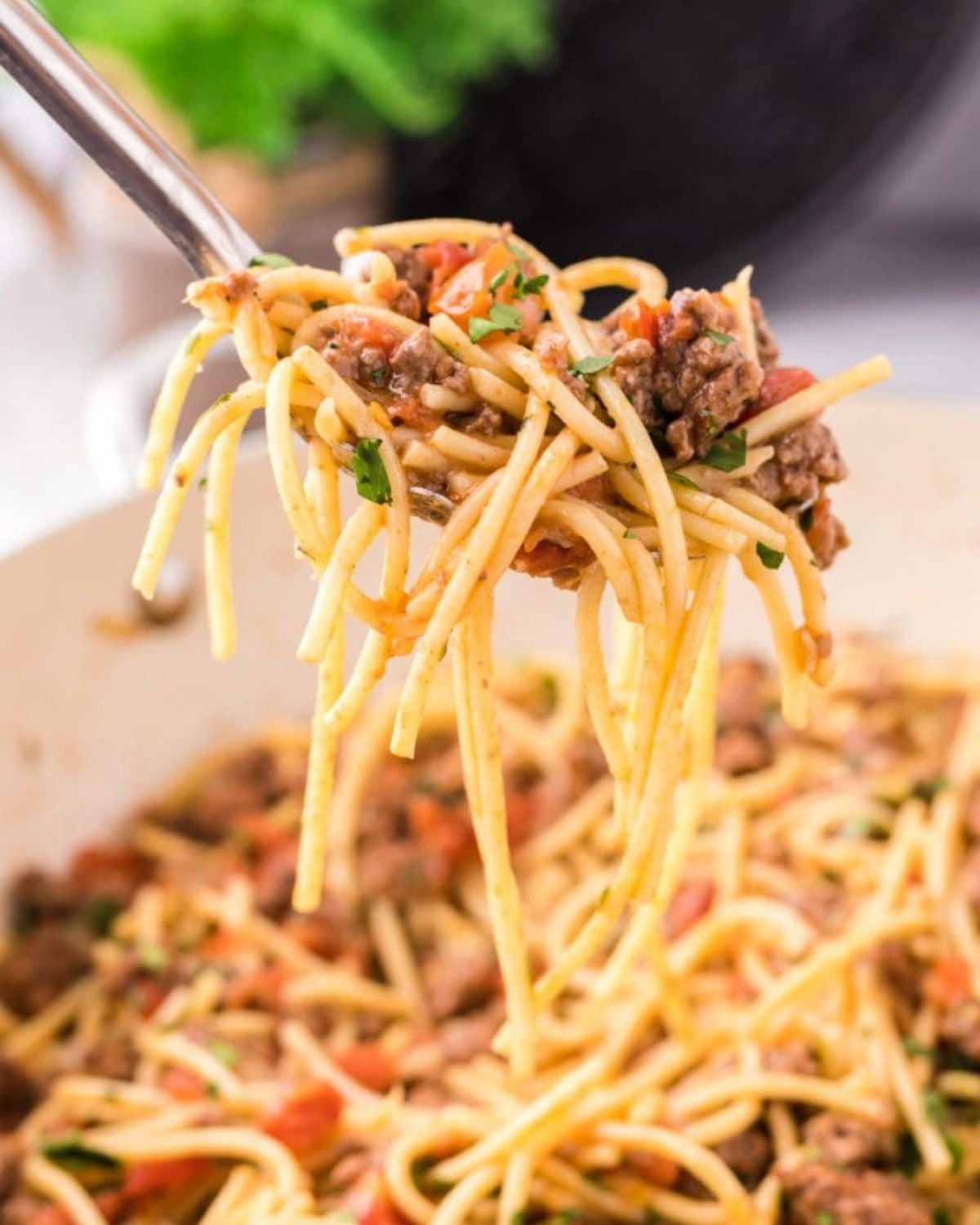 Easy taco spaghetti pasta tossed with seasoned ground beef and tomatoes on a serving spoon for a quick dinner recipe