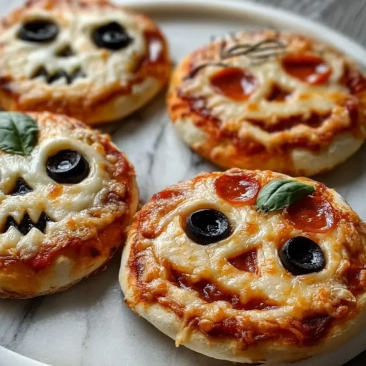 A plate of mini Halloween pizzas decorated with spooky faces made from olives and pepperoni for a party snack.