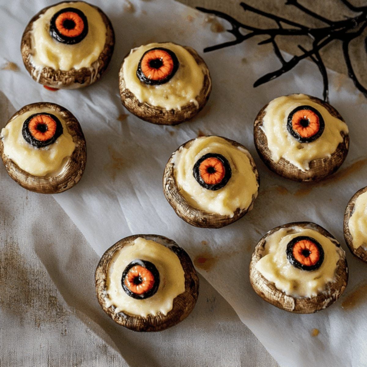 Spooky stuffed mushroom eyeballs arranged on parchment paper as a creative Halloween party snack.