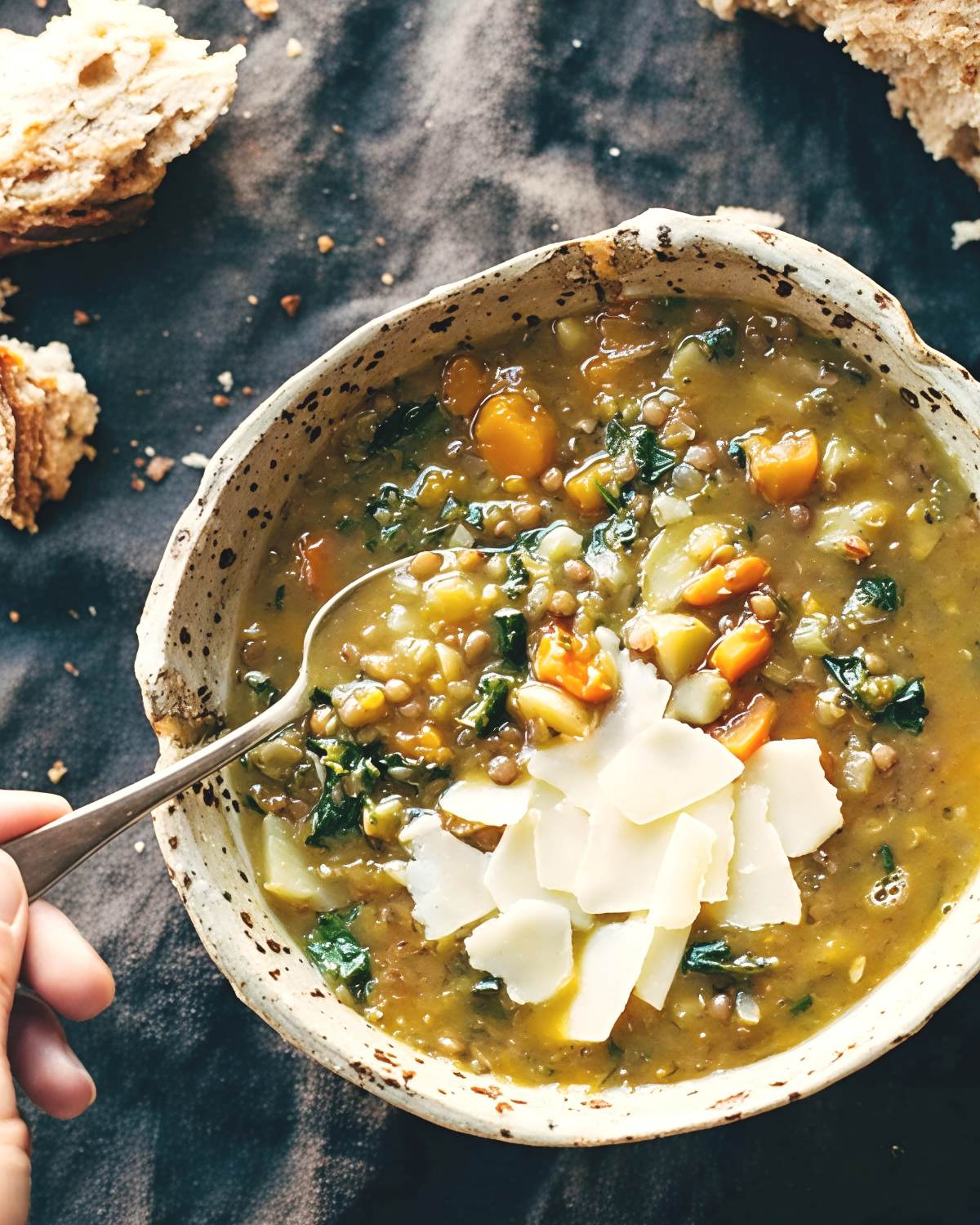 Healthy crockpot lentil soup with vegetables and shaved parmesan cheese in a rustic bowl.
