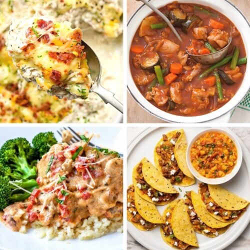 A collage of low-carb crockpot meals including creamy crack chicken, slow-cooked vegetable stew, garlic chipotle lime chicken with broccoli, and pork tacos with salsa.