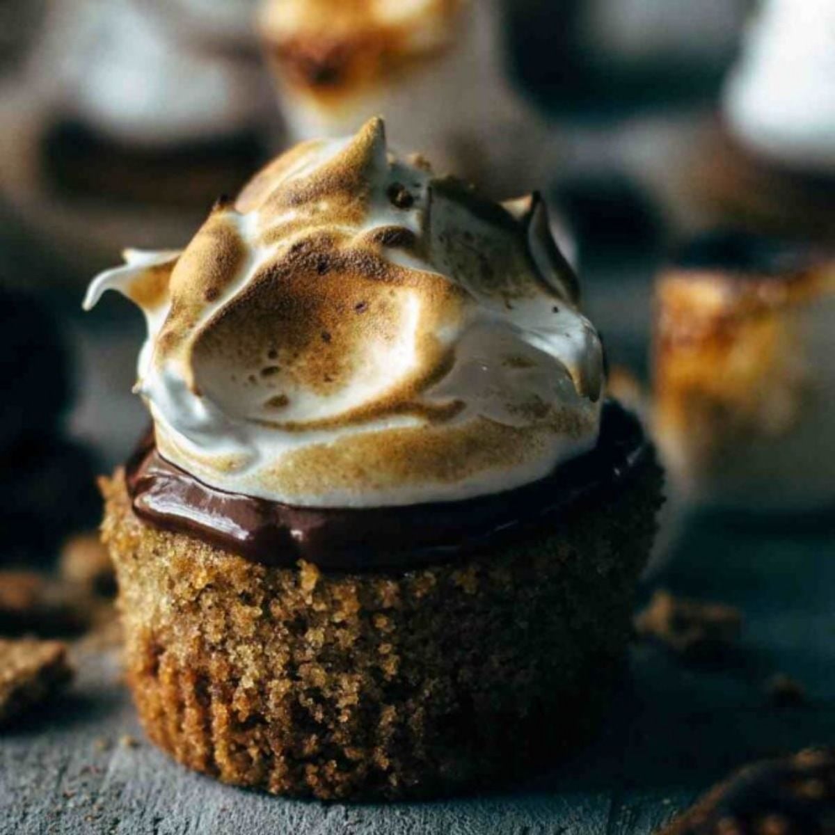A single cupcake with a golden crumb cake base, a layer of chocolate ganache, and a toasted meringue topping, sitting on a rustic surface.