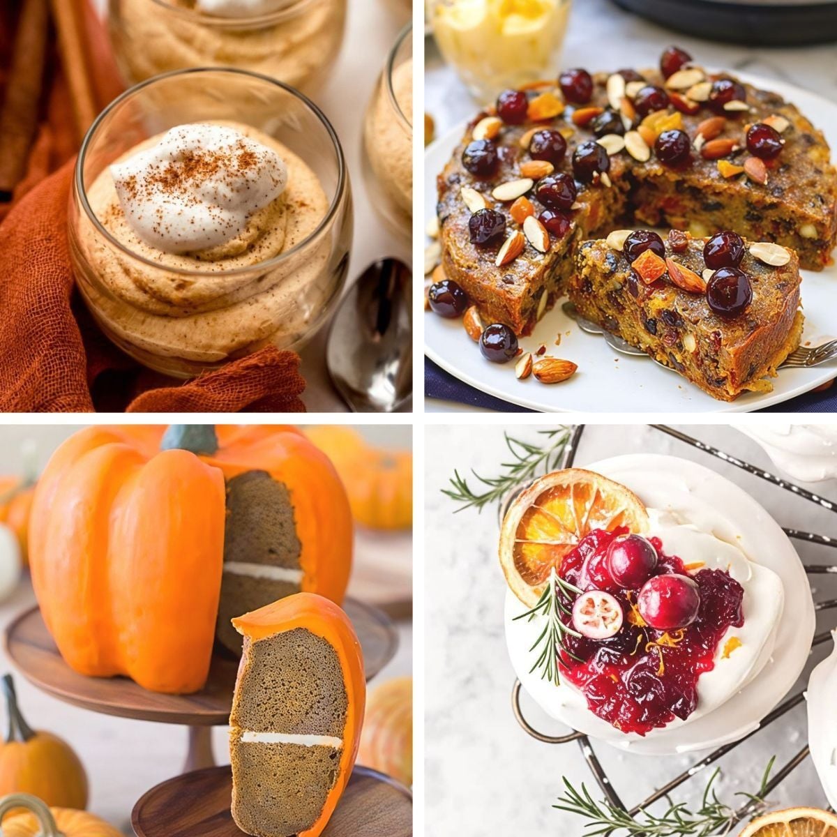 A festive photo collage highlighting four of the best Thanksgiving dessert recipes, including pumpkin mousse, fruit cake with candied cherries, a pumpkin bundt cake, and a cranberry mini pavlova